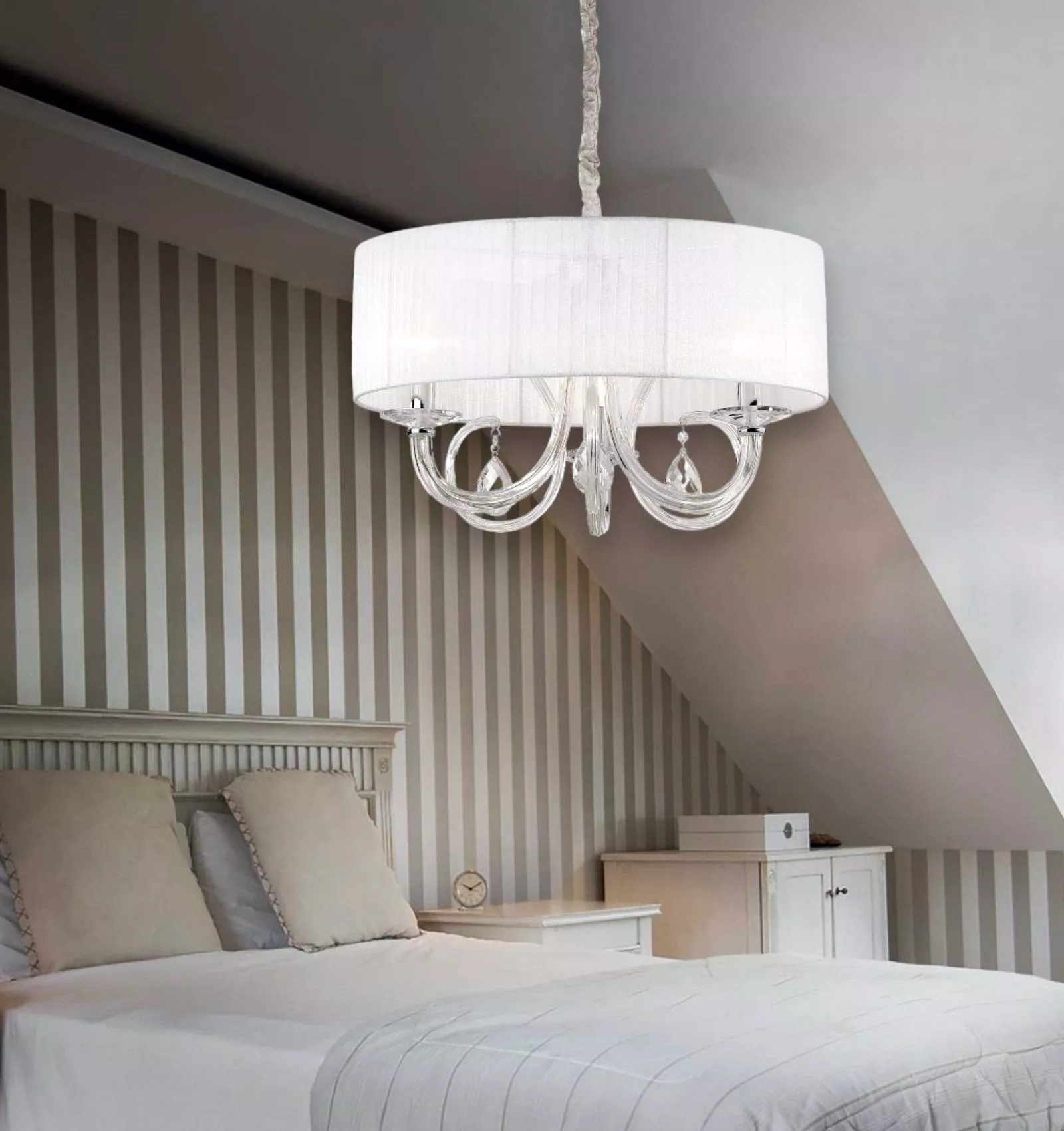 Swan sp3 ideal lux lampadario per camera da letto contemporaneo tessuto  bianco cristallo trasparente - 035840