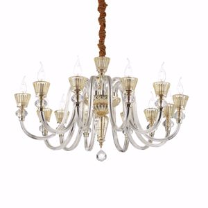 Strauss sp12 lampadario classico 12 bracci cristallo ideal lux trasprente dettagli ambra e oro rosa