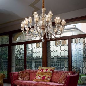 Strauss sp18 lampadario ideal lux  classico 18 bracci cristallo trasparente dettagli ambra e oro rosa