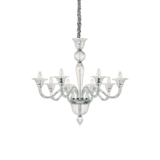 Grande lampadario brigitta sp8 ideal lux classico 8 bracci cristallo trasparente dettagli cromo