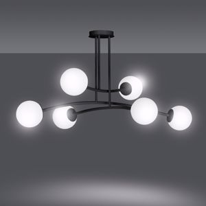 Sospensione design nera per soggiorno 6 luci sfere vetro bianco