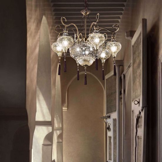 Harem sp9 ideal lux lampadario per salotto stile arabo 9 luci crtistallo ambra
