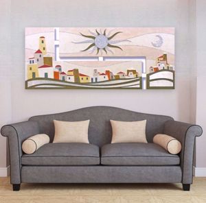 Quadro da soggiorno moderno 155x65 paesaggio borgo dipinto artigianale