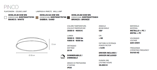 Plafoniera rotonda bianca led 20w 3000k 4000k dimmerabile vivida pinco