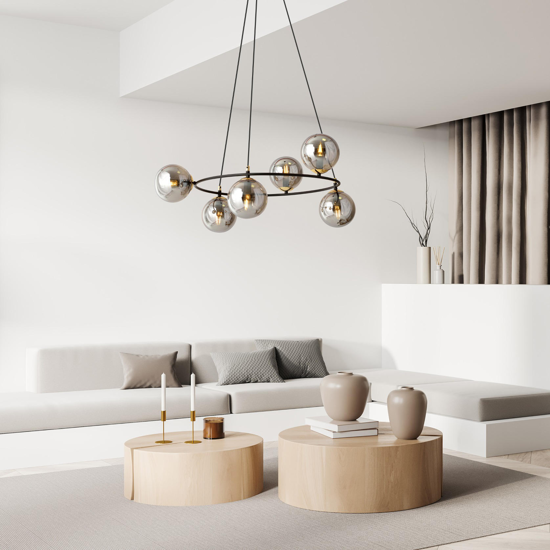 Lampadario per soggiorno moderno design circolare 6 sfere vetro fume
