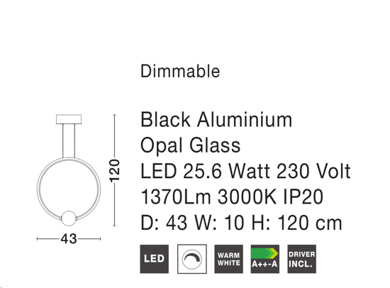 Lampada sospensione nero anello led 3000k 26w dimmerabile con telecomando