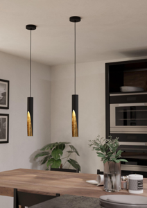 Lampada sospesa moderna cilindro oro e nero per isola cucina