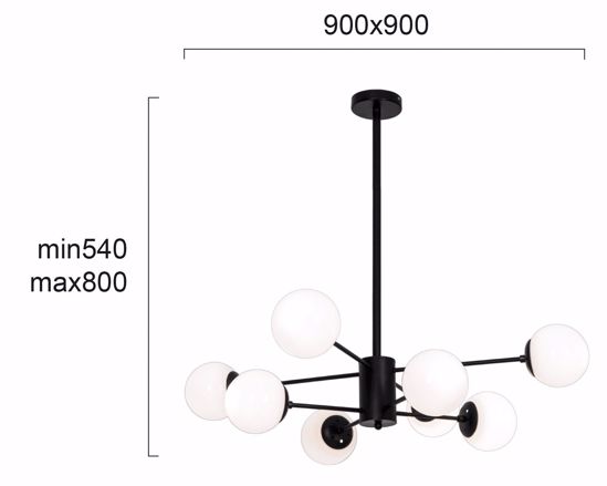 Lampadario nero sfere vetro bianco 8 luci per soggiorno moderno
