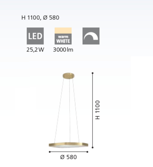 Lampadario moderno anello ottone led 25w 3000k dimmerabile per soggiorno