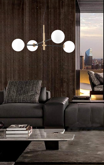 Lampadario moderno design oro nero sfere vetro per soggiorno
