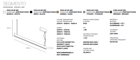 Lampadario orizzontale titanio per tavolo cucina led 36w cct vivida segmento