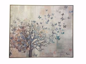 Quadro moderno dipinto albero incanto con farfalle  120x100 cronice oro
