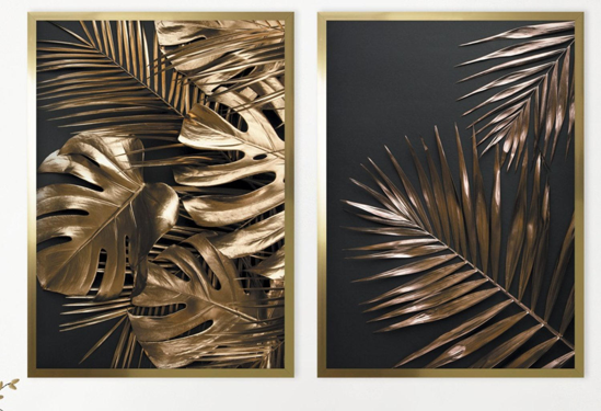 Coppia quadri verticali per soggiorno kenzia monstera cornice oro 53x73