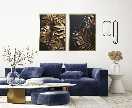 Coppia quadri verticali per soggiorno kenzia monstera cornice oro 53x73