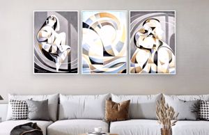 Tre quadri compresione astratti moderni tele decorate cornice bianca