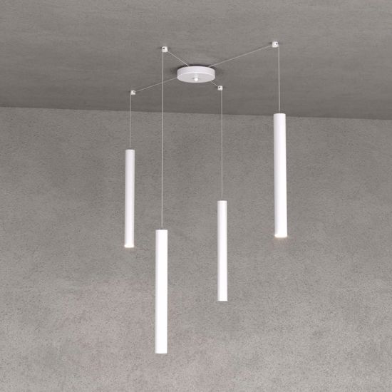 Lampadario 4 luci a sospensione con decentramento cilindri bianchi per soggiorno