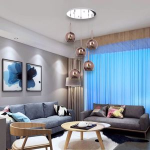 Lampadario per soggiorno moderno grappolo vetri sfere rame 5 luci
