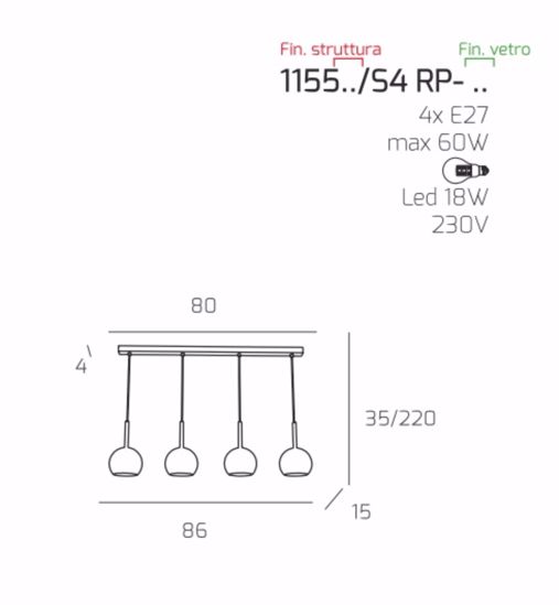 Lampadario 4 luci sospese per tavolo cucina moderna vetri cromo future top light