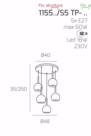 Lampadario top light sospensione per soggiorno 5 luci vetri trasparenti