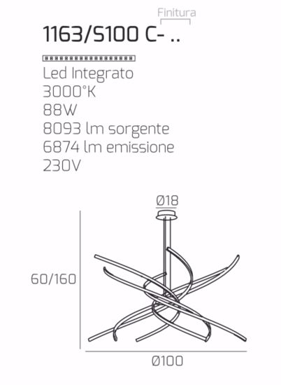 Lampadario moderno oro led 88w 3000k top light tornado 100cm