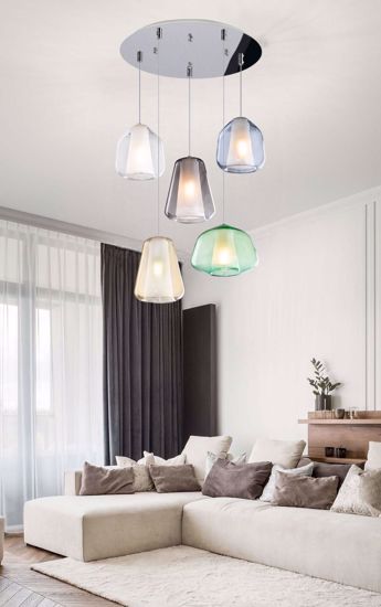 Lampadario per soggiorno 5 lampade vetri multicolor a sospensione
