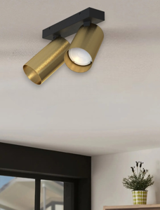 Plafoniera con due faretti orientabili da soffitto nero oro