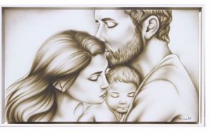 Capezzale capoletto sacra famiglia 113x70 cm vincolo d&apos;amore decoro seppia cornice bianca