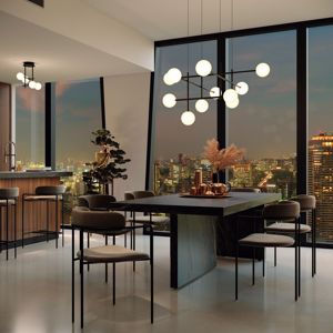 Lampadario nero design per soggiorno moderno  11 luci sfere vetro bianco