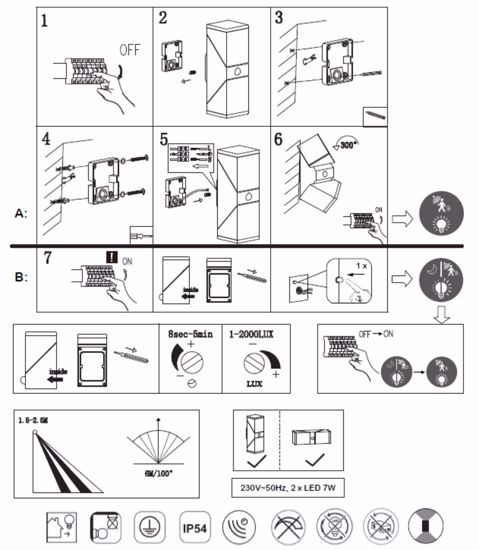 Applique da esterno luci orientabili led 14w 3000k squadrata antracite sentore di movimento ip54