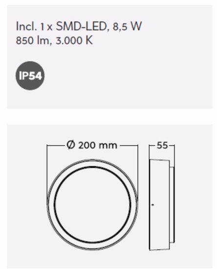 Plafoniera rotonda per esterno moderna antracite led 8w 3000k ip54