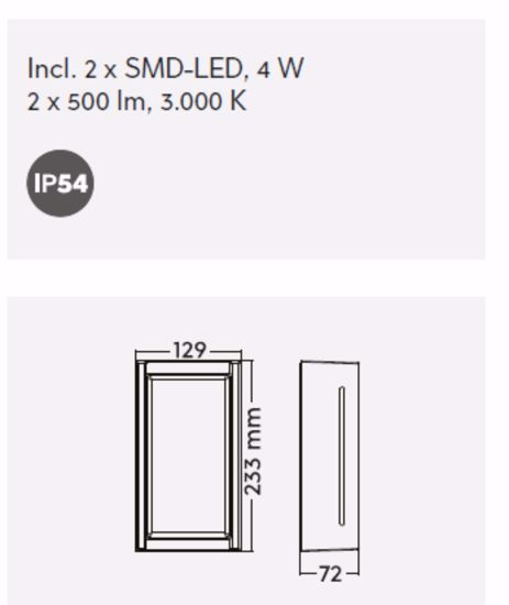 Applique da esterno balcone rettangolare antracite led 8w 3000k ip54