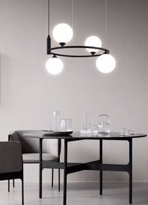 Lampadario circolare nero sfere di vetro bianco per soggiorno moderno