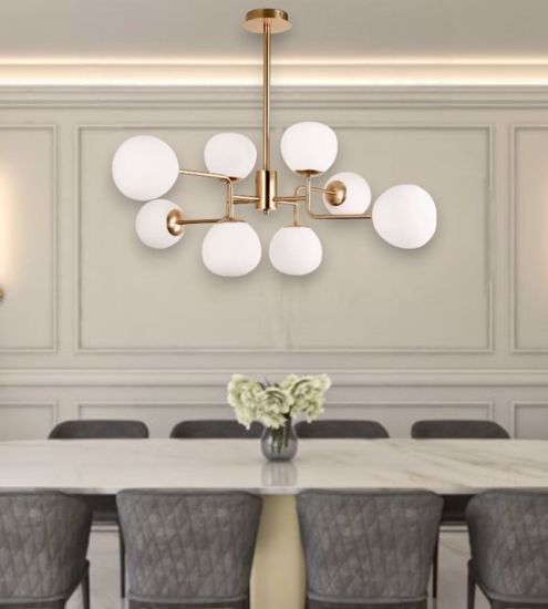 Lampadario 8 sfere vetro bianco oro rosa per soggiorno moderno