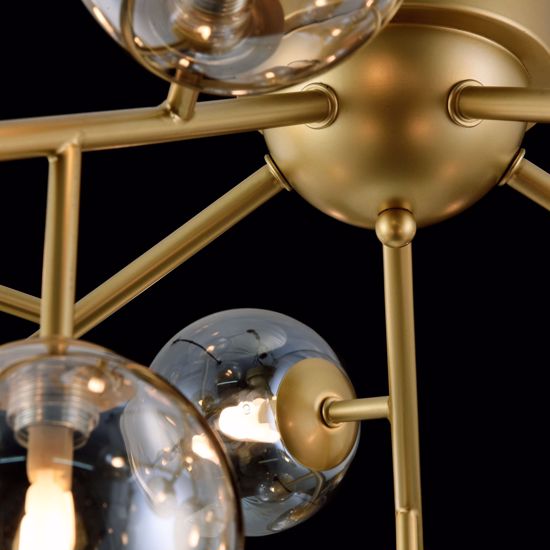 Plafoniera moderna per salotto oro satinato sfere vetro ambra trasparente