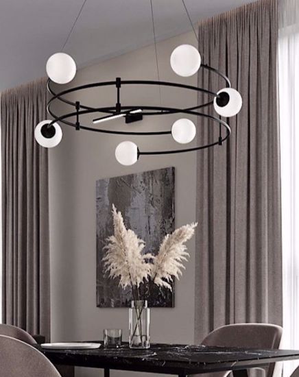 Lampadario design per soggiorno moderno nero circolare sfere vetro bianco