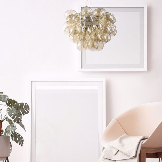 Lampadario grappolo design moderno vetri ambra trasparenti per soggiorno