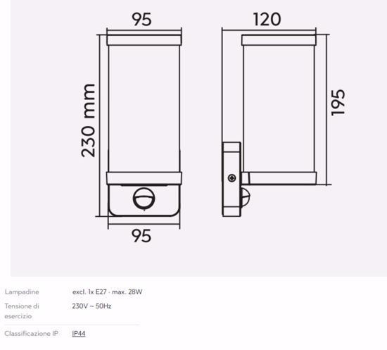 Applique da esterno con sensore di movimento lanterna nera ip44