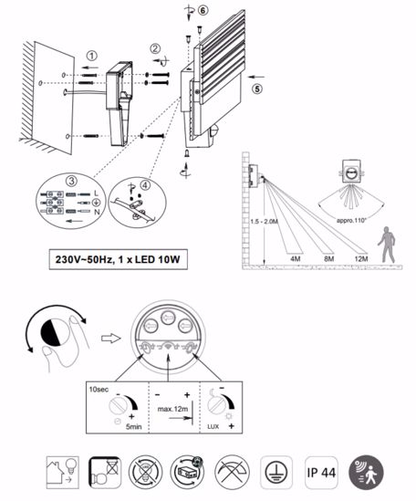 Applique da esterno con sensore movimento antracite led 10w 3000k ip44