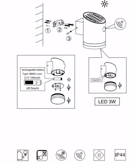 Applique luce solare da esterno nickel con sensore di movimento led 3w 3000k ip44