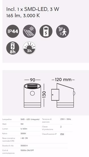 Applique luce solare da esterno nickel con sensore di movimento led 3w 3000k ip44