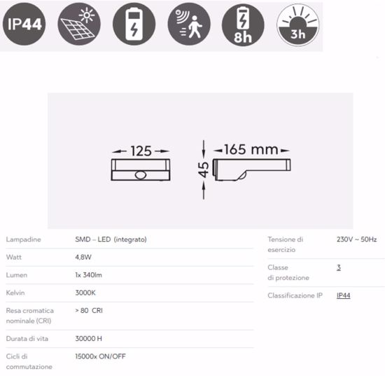 Applique luce solare da esterno sensore movimento  5w 3000k ip44