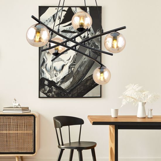 Sospensione nera design per soggiorno moderno 5 luci sfere ambra