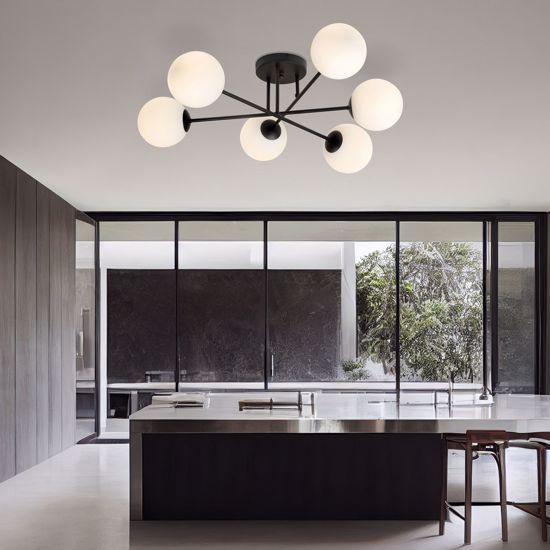 Plafoniera per soggiorno moderno design nera sfere vetro bianco