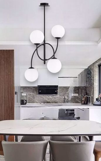 Plafoniera da soffitto nera per cucina moderna 4 sfere vetro bianche