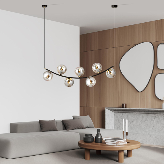 Lampadario a sospensione per soggiorno design curvo 7 luci sfere vetro fume&apos;
