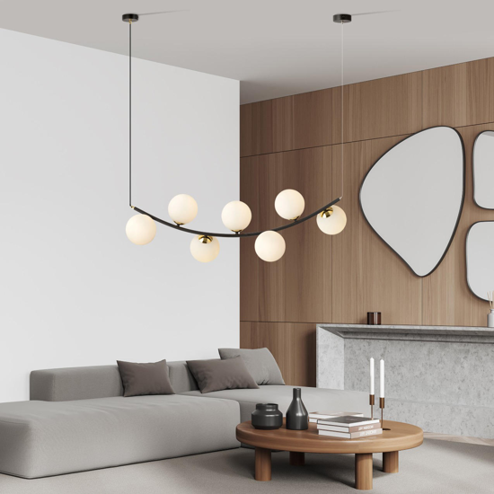 Sopensione nera design 7 luci sfere di vetro per soggiorno moderno