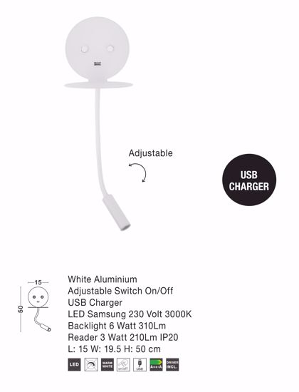 Applique da comodino doppia luce  3000k orientabile presa usb bianco