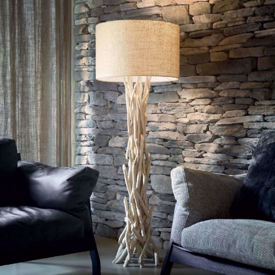 Driftwood pt1 ideal lux piantana in legno per chalet paralume tessuto