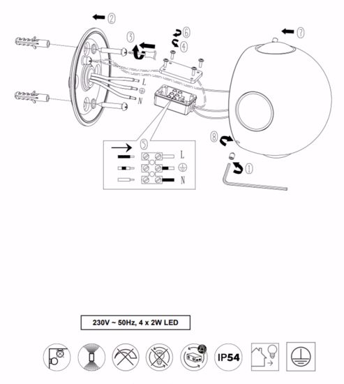 Applique da esterno sfera bianca 4 luci led 8w 3000k ip54