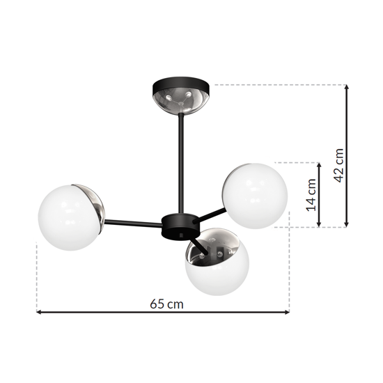 Lampadario nero cromo 3 luci sfere vetro bianco moderno